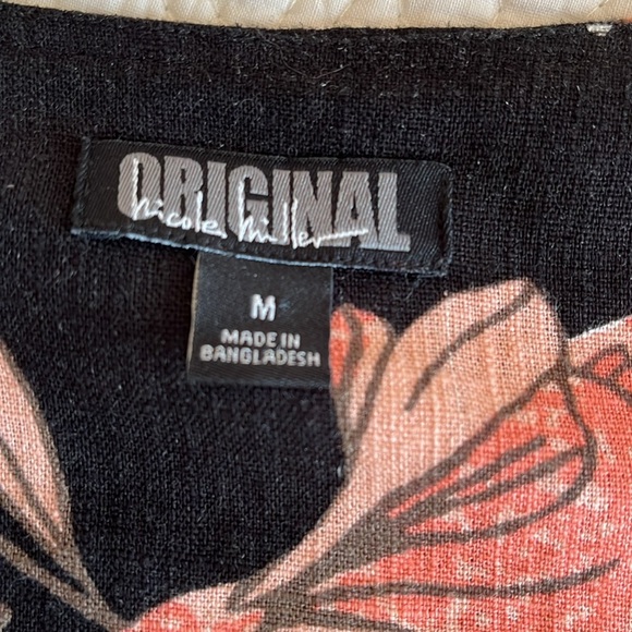 Linen Blend V Neck Dress Black Peach Tropic Floral Print Sz Medium Light Beachy - Picture 7 of 17